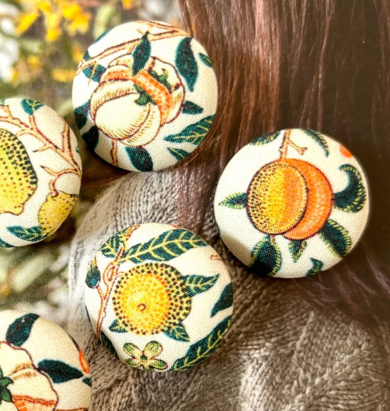 Handmade Cream Creme Yellow William Morris Citrus Fruits Floral Flower Fabric Covered Button Bouton, William Morris Fridge Magnet, 1.1 5's image 3