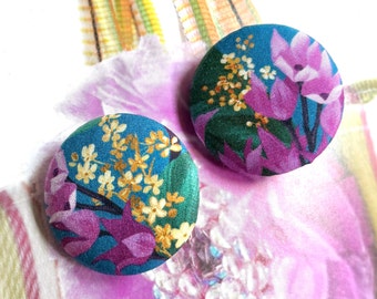 Handmade Large Liberty Of London Green Purple Pink Violet Rose Floral Flower Fabric Button Boutons , Liberty Fridge Magnets, 1.25 " 2's