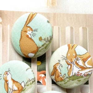 Handmade Large Bunny Rabbit Love You To The Moon Animal Lapin Fabric Covered Button Bouton, Rabbit Fridge Magnets, Flat Backs, 1.25 4's image 2