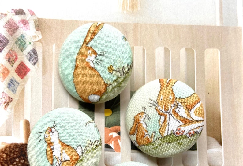 Handmade Large Bunny Rabbit Love You To The Moon Animal Lapin Fabric Covered Button Bouton, Rabbit Fridge Magnets, Flat Backs, 1.25 4's image 2