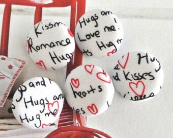 Handmade White Black Hearts Love Valentine Word Fabric Covered Buttons Bouton, Valentine Fridge Magnets, Flat Backs, 1" 5's