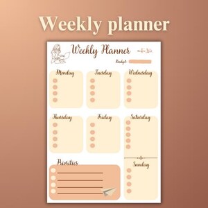 May include: A printable weekly planner featuring a floral design. The planner includes sections for Monday to Sunday, a budget section, and a priorities section.