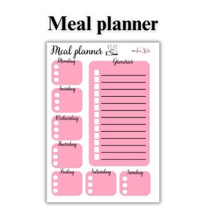 Puede incluir: Un planificador de comidas imprimible rosa y blanco con una sección de lista de la compra y espacios para escribir las comidas para cada día de la semana. Los días de la semana se enumeran como Lunes, Martes, Miércoles, Jueves, Viernes, Sábado y Domingo.