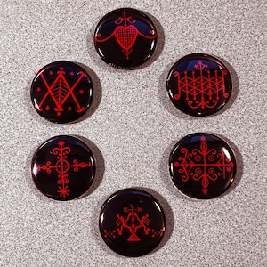 6 HAITIAN VOODOO VOUDON Veve Buttons - Red on Black - 1&quot; Diameter mini buttons flair swag