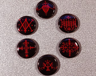 6 HAITIAN VOODOO VOUDON Veve Buttons - Red on Black - 1" Diameter mini buttons flair swag