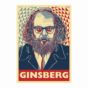 May include: A red, white and blue poster with a stylised image of Allen Ginsberg. The poster has a geometric pattern in the background and the text "GINSBERG" in bold red letters at the bottom.