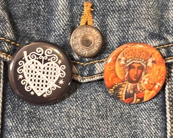 ERZULI DANTO VODOU Voudon Voodoo Veve Mini Buttons - 1 1/4" Diameter - Erzuli paired with the Black Virgin Mary