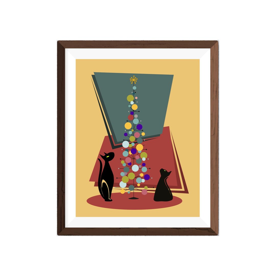 Atomic Retro Mid Century Modern Christmas Cats Wall Art - 11" Wide X 14 ...