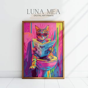 Lustiges Katzen Badezimmer Poster | Pop Art Katze auf Toilette Kunstdruck | Bunte Tier Kunst | Badezimmer Dekoration | Druckbare Wandkunst