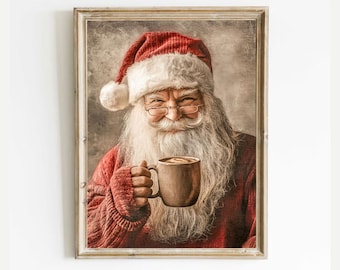 Vintage Santa Claus with Coffee Mug. Christmas Wall Art Print. Retro Holiday Painting for Rustic Cottage Core Farmhouse Wall Decor