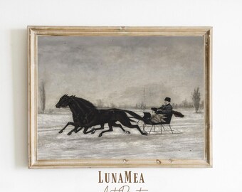 May include: A framed art print depicting a painting of two black horses pulling a sleigh across a snowy landscape. A figure wearing a dark coat and hat sits in the sleigh. The scene is set against a muted, overcast sky with distant trees.