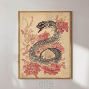 Chinese Zodiac Art Print – Year of the Snake 2025 | Asian Wall Art with Flowers | Lunar New Year Poster | Feng Shui Decor Digital Download 1
