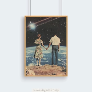 Retro Space Deko Wandkunst | 50er Jahre Liebe Kunstdruck Poster | Vintage Paar im Weltall Druck | Ästhetische Surreale Sci Fi Kunst |Digital