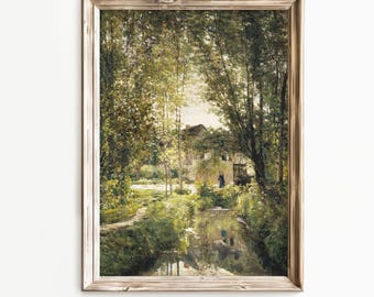 River Landscape Art Print. Countryside Oil Painting for Rustic Farmhouse Decor. Printable Cottagecore Wall Art