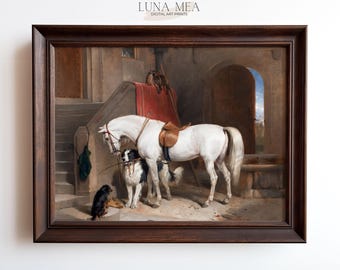 Weißes Pferd und Hunde Wandkunst Gemälde Kunstdruck | Antike Jagdszene Druck | Vintage Bauernhaus Kunst | Reiterkunst Wandbild | Druckbar