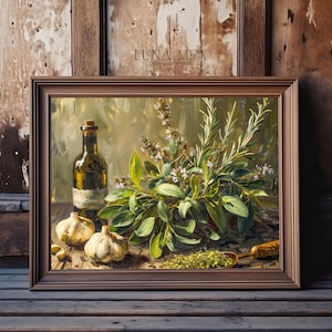 Kitchen Oil Painting Kitchen Still Life Herbs and Garlic Vintage Oil ...