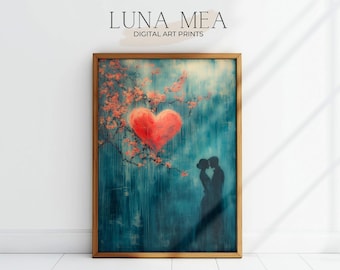 Romantic Couple in Love Print | Heart & Cherry Blossoms | Valentine's Day Wall Art | Love Gift Wall Decor | Valentine Oil Painting Poster |