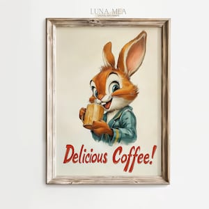 Retro Easter Bunny with Coffee Mug Print | Vintage Wall Art for Easter, Spring Decor, Kitchen & Coffee Bar | Cartoon Poster Digital Download