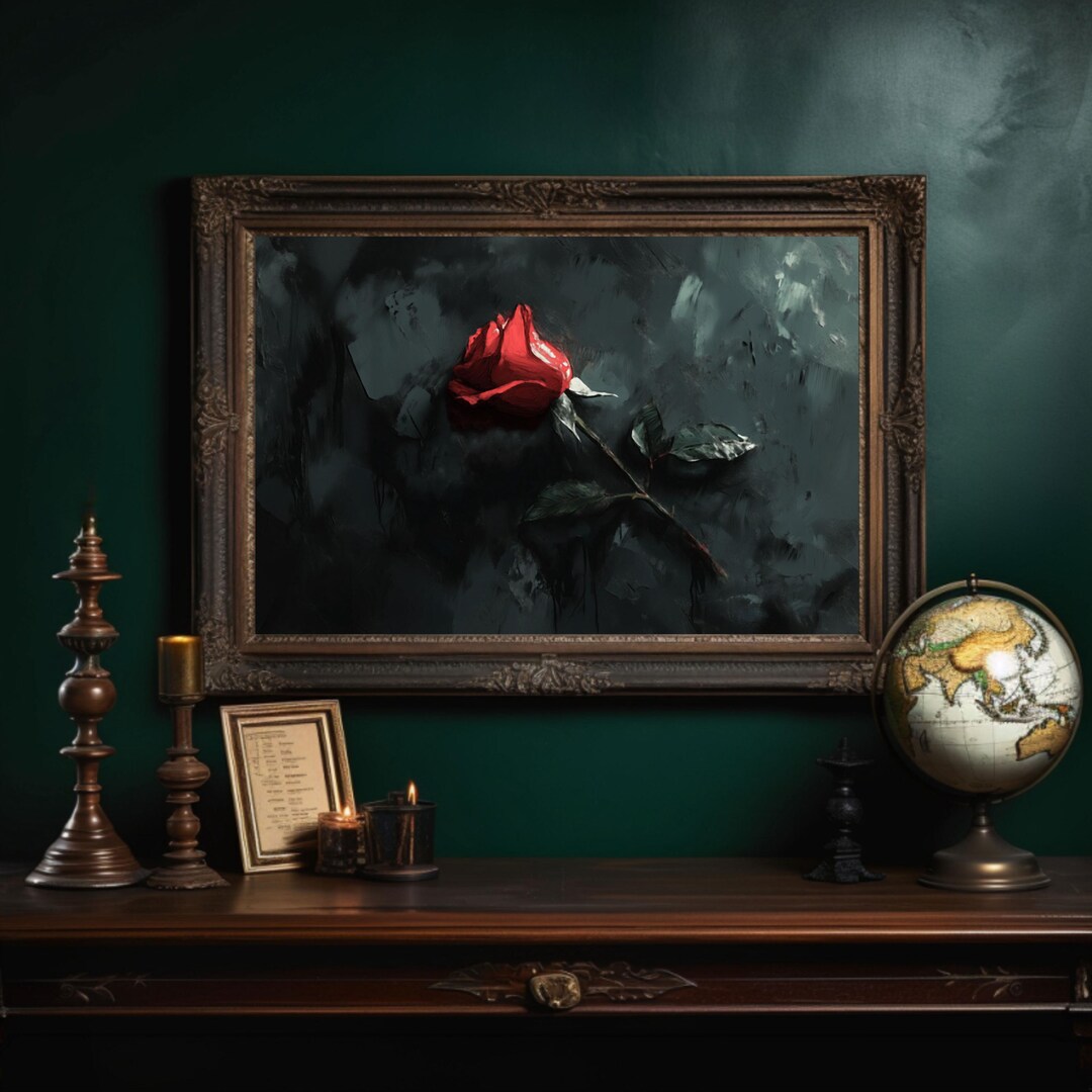 Red Rose Wall Art Print | Vintage Dark Rose Painting | Gothic Rose ...