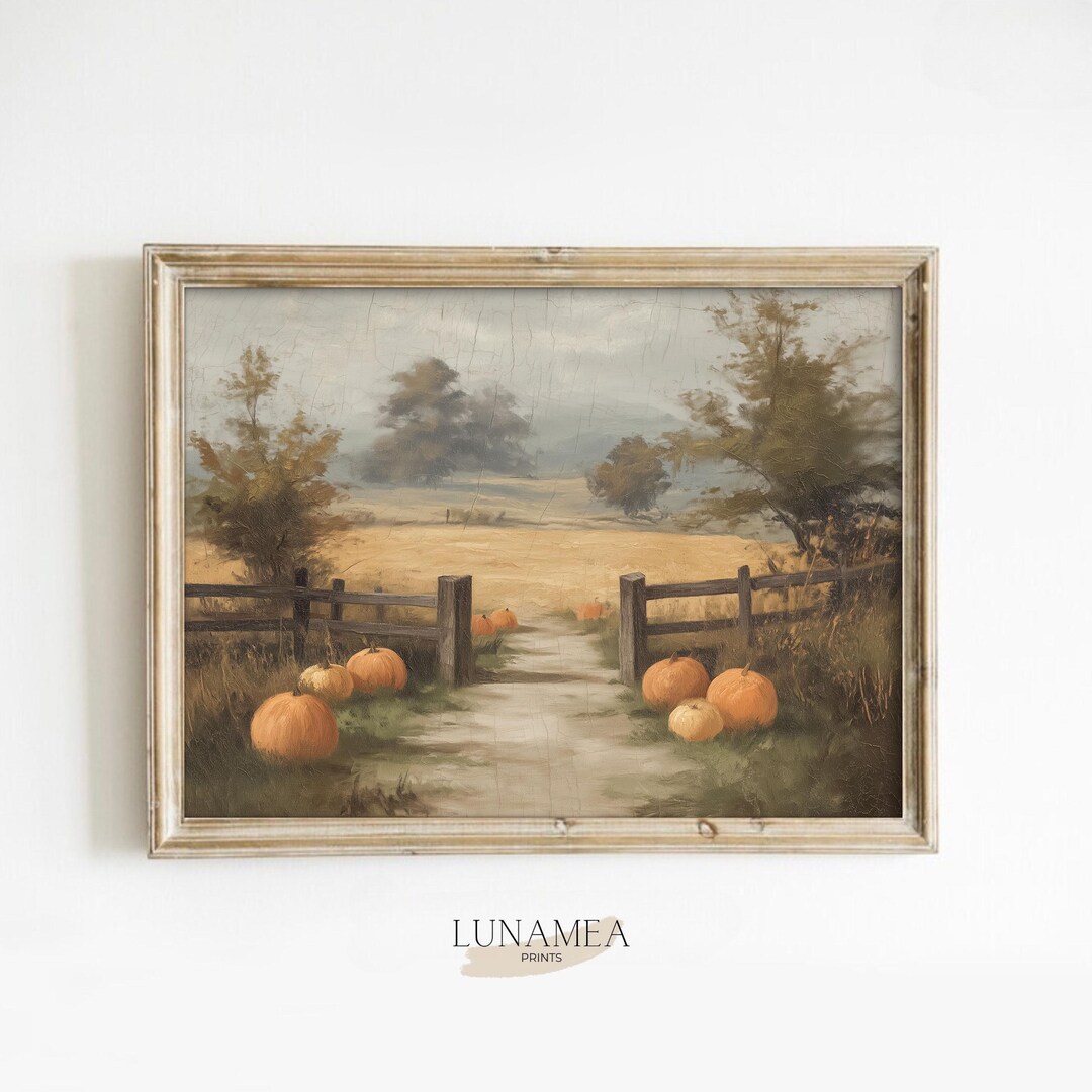 Vintage Autumn Pumpkin Landscape Print – Farmhouse Oil Painting Wall ...