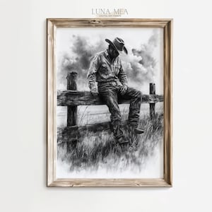 Disegno di cowboy western | Murale in stile ranch d'epoca | Stampa artistica in bianco e nero | Stampa schizzo cowboy | Manifesto murale del vecchio West | Stampabile