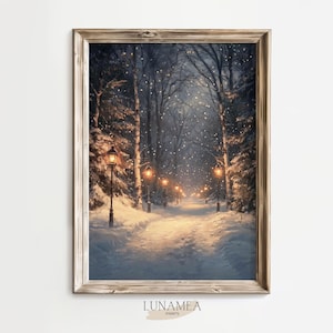 Winter Wonderland Forest Path Print – Lanterns in the Snow Oil Painting Style – Moody Winter Landscape Wall Art – Digital Download AUT25-P14