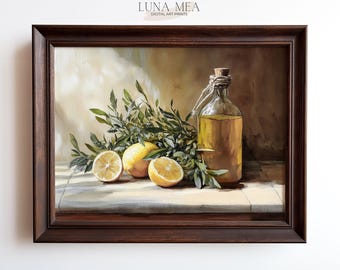 Lemons and Olive Oil Still Life Oil Painting Style – Mediterranean Rustic Kitchen Wall Art for Farmhouse or French Cottage Core Printable