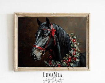 Lámina artística de caballo navideño | Regalo de pintura de caballo negro | Pintura al óleo vintage | Arte mural imprimible | Lámina decorativa de Dark Academia