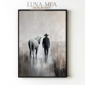 Dipinto di cowboy con cavallo | Stampa artistica vintage del muro occidentale | Decorazioni ranch neutre | Stampa artistica di campagna suggestiva | Arte murale stampabile