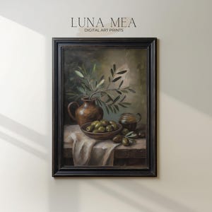 Rustikales Oliven Stillleben | Antike Landhaus Küchen Kunstdruck | Mediterranes Vintage Poster |Olivenöl Druck |Druckbare Wandkunst Download