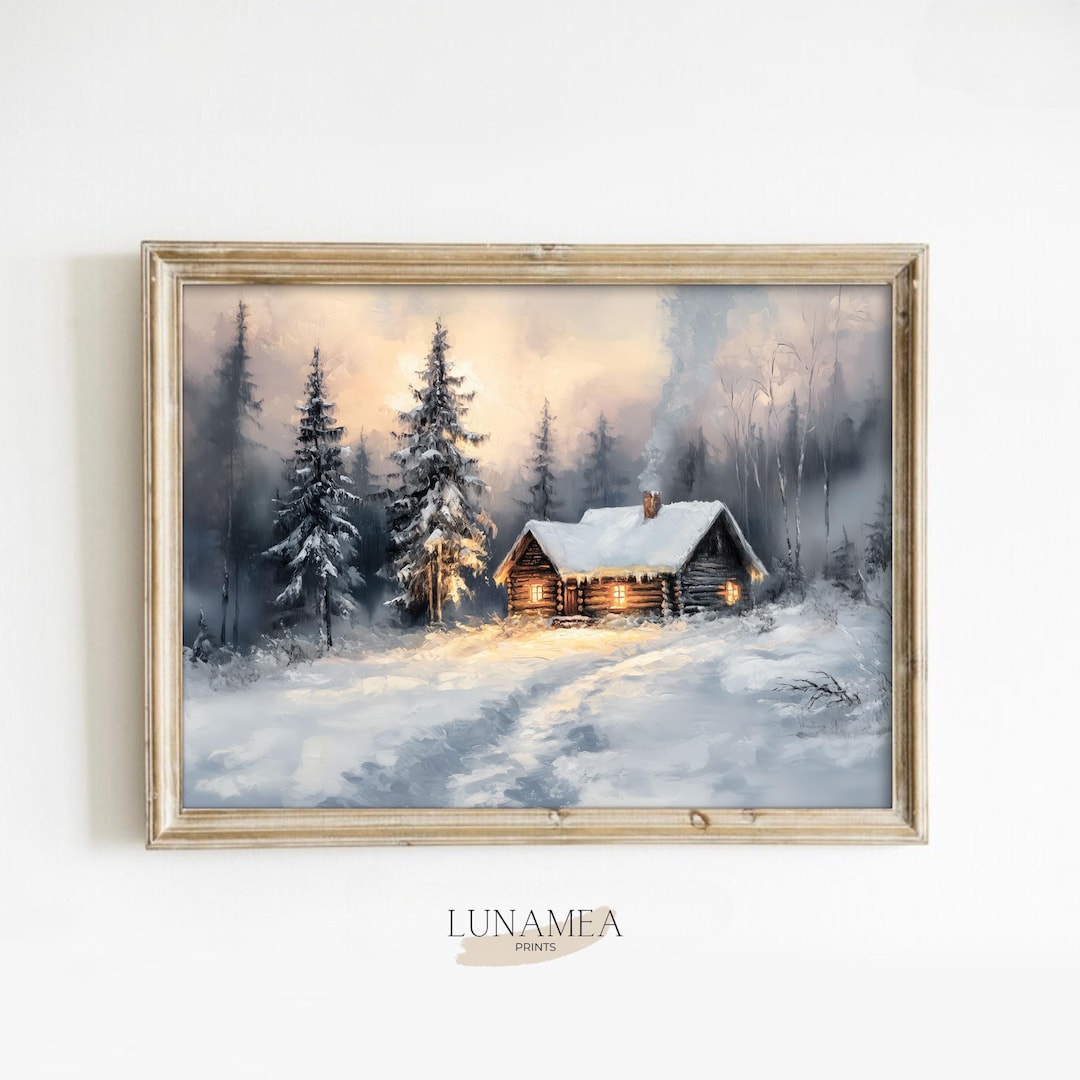 Winter Cabin Wall Art – Rustic Snowy Landscape With Cozy Log House ...