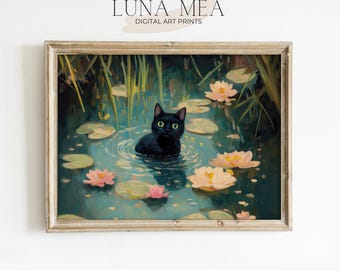 モネにインスパイアされた黒猫のキャンバスアート：睡蓮の池の絵