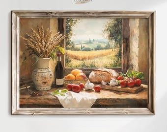 Rustic Farmhouse Kitchen Still Life with Bread, Tomato & Garlic - Tuscan Wall Art Print – Window View Printable – Digital Download H25-3