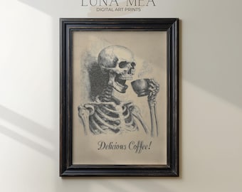 Skeleton Drinking Coffee Poster | Gothic Retro Coffee Bar Print | Vintage Caffeine Wall Art | Halloween Decor Printable | Digital Download