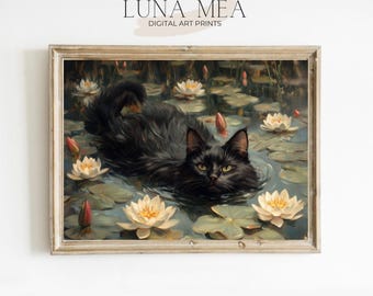 Gato negro en un estanque de nenúfares al estilo Monet | Arte animal en formato digital | Lámina decorativa de gato para imprimir | Póster de estilo cottagecore