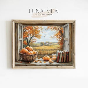 Vintage Pumpkin Still Life Print | Fall Open Window Art Print | Rustic Cottagecore Wall Art | Country Farmhouse Painting | Digital Download