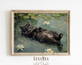 Black Cat Poster in Monet Style | Water Lily Pond Wall Art | Pet Portrait Painting | Cat Lover Gift | Digital Download | Printable Artwork