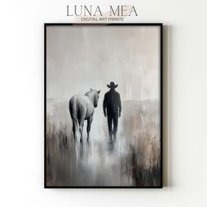 Cowboy & Horse Painting | Vintage Western Wall Art Print | Neutral Ranch Room Decor | Moody Country Art | Modern Cowboy Style | Printable