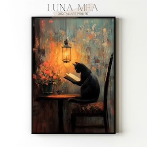 Reading Cat Art Print | Black Cat Wall Art | Dark Academia Cat Printable | Vintage Oil Painting Style | Moody Bookish Wall Decor | Digital