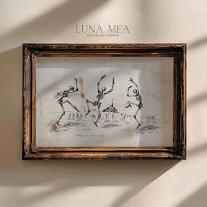 May include: A framed digital art print with a vintage illustration of dancing skeletons. The artwork, with the text "Grace & Attitude," is set in a dark brown ornate frame. The print has the text "LUNA MEA DIGITAL ART PRINTS" at the top.