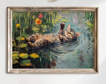 Cat in Water Lily Pond Wall Art – Impressionist Cat Painting – Claude Monet Oil Painting Style  Printable Cat Lover Gift | Wall Decor Print