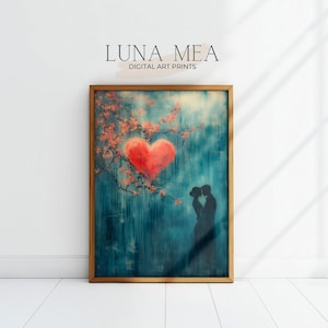Romantic Couple in Love Print | Heart & Cherry Blossoms | Valentine&#39;s Day Wall Art | Love Gift Wall Decor | Valentine Oil Painting Poster |