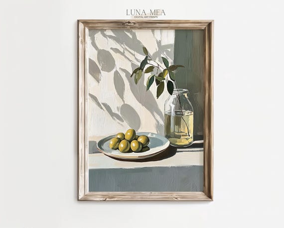 Oliven & Olivenzweig Kunstwerk | Rustikale Mediterrane Küche Druck | Stillleben Gemälde |Botanische Malerei Kunstdruck |Druckbare Wandkunst