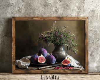 Figs and Wildflowers Wall Art | Rustic Vintage Kitchen Print | Moody Still Life Poster | Country Cottage Dining Room Decor |Digital Download