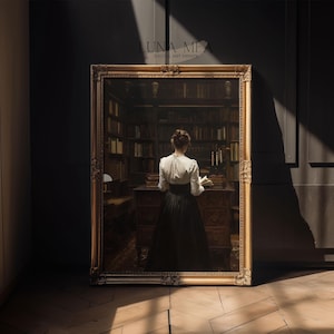 Woman Reading Book Print | Vintage Library Artwork | Moody Dark Academia Painting | Victorian Study Room Wall Decor | Printable Wall Art