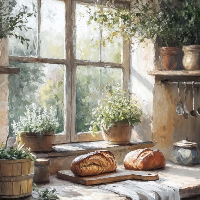 boho farmhouse kitchen decor paintings prints |... Farmhouse Kitchen Wall Art – Rustic Oil Painting Style With Bread ...