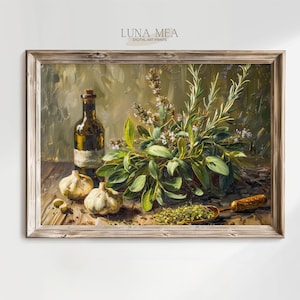 Rustic Kitchen Still Life with Herbs & Garlic Print | Moody Vintage Painting | Cottage Farmhouse Country Room Wall Decor |Printable Wall Art