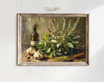 Rustic Kitchen Still Life with Herbs & Garlic Print | Moody Vintage Painting | Cottage Farmhouse Country Room Wall Decor |Printable Wall Art