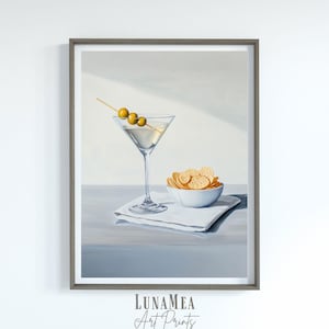 Martini Cocktail, Olives and Cheese Crackers Art Print | Vintage Alcohol Wall Art | Minimalist Drink Poster | Bar Decor | Digital Download