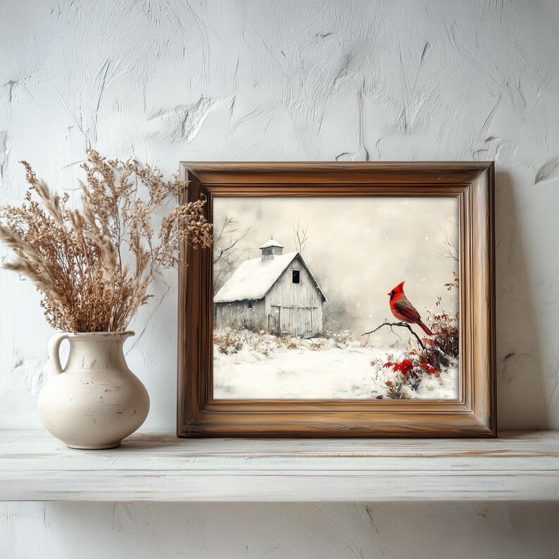 Red Cardinal Bird Winter Wall Art – Rustic Barn in Snow Digital ...